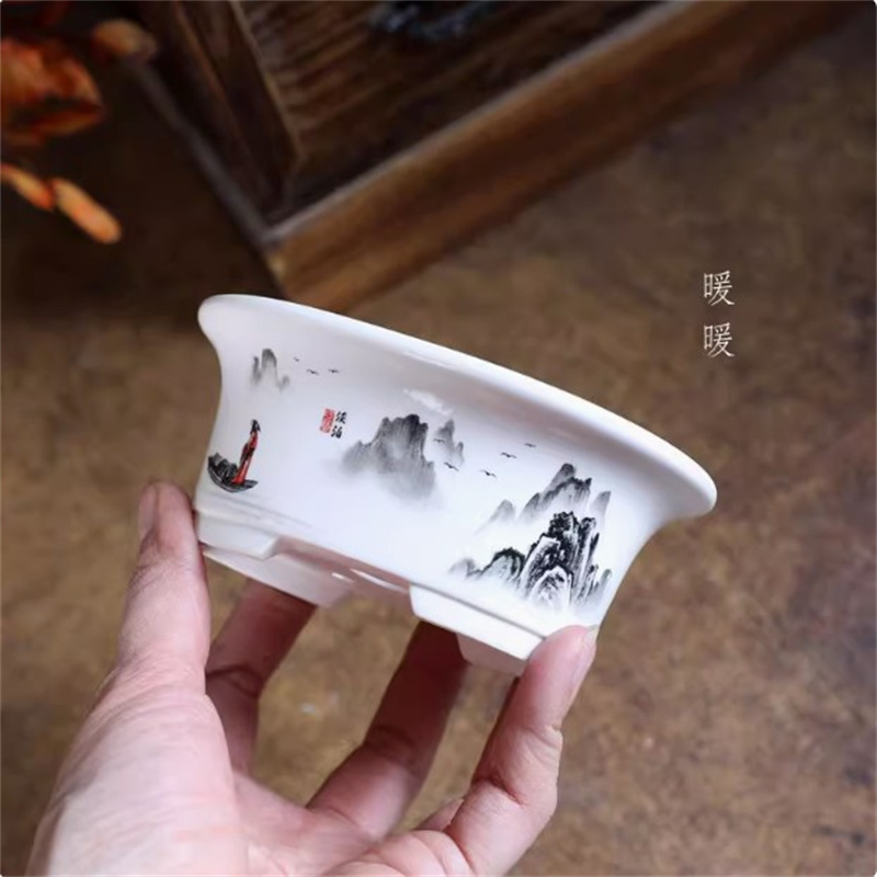 Bonsai Garden Desk - Porselen Beyaz Oval Bonsai Saksısı, Mini